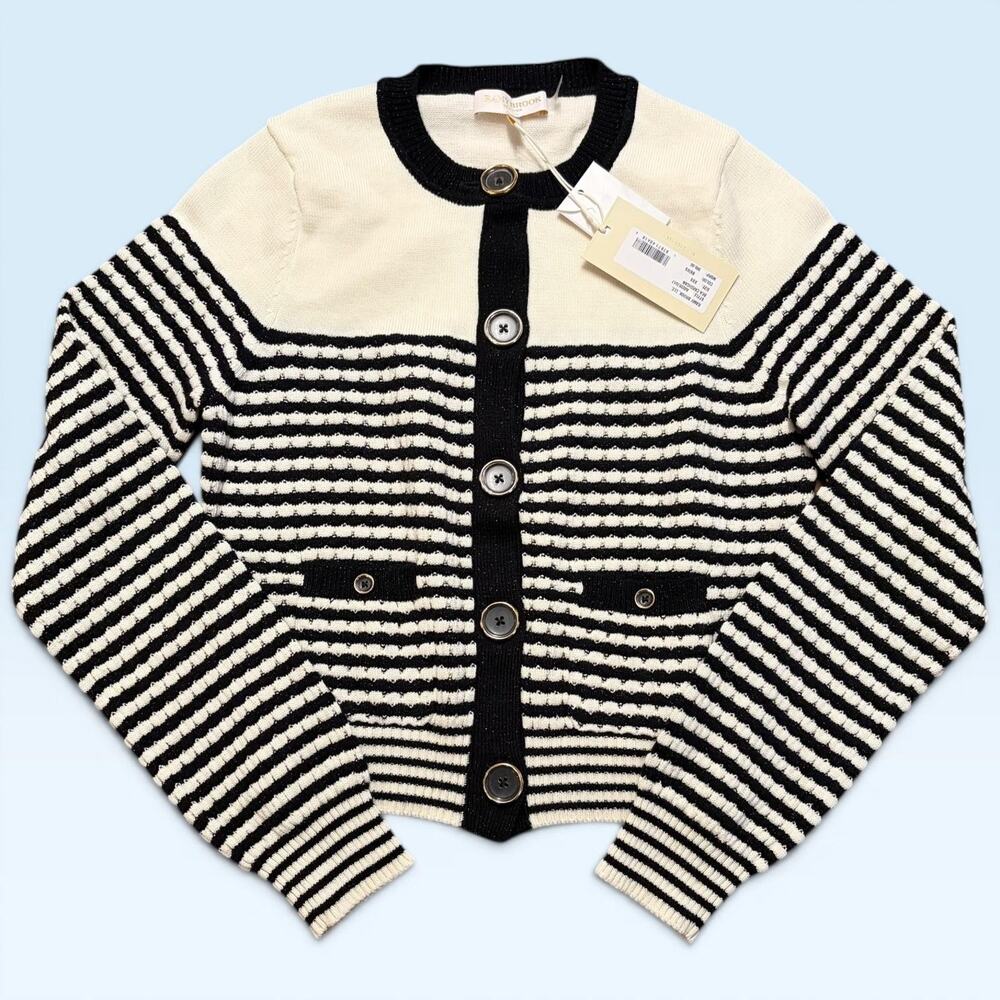 Ramy Brook Sweater Cardigan Womens XXS Black White Bea Stripe Crewneck Knit